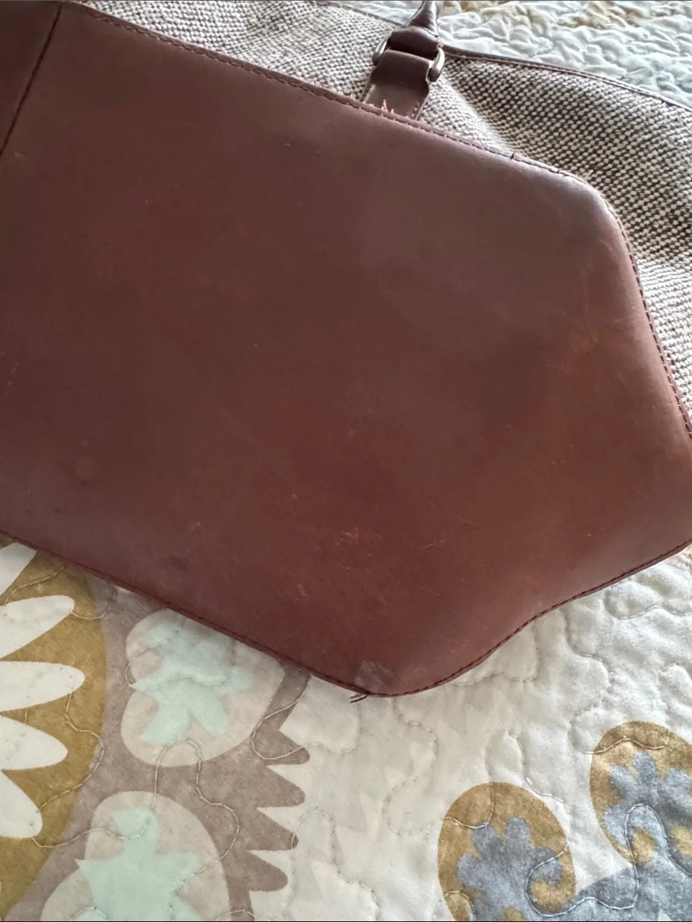 Vintage L.L. Bean Tan Tweed Tote with Brown Leather Trim and Handles
